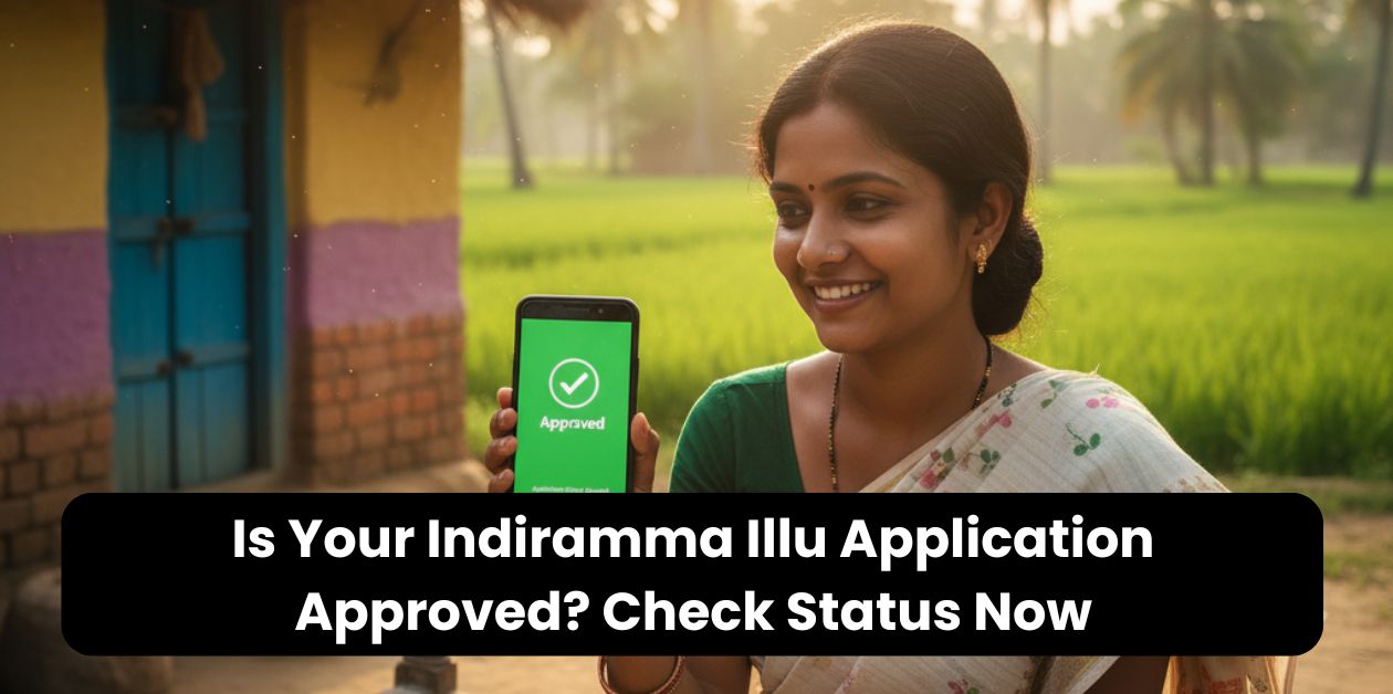 A woman from Telangana smiling hopefully while checking her Indiramma Illu Scheme application status 2025 on a smartphone.